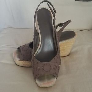 Tan eyelet sling back wedges